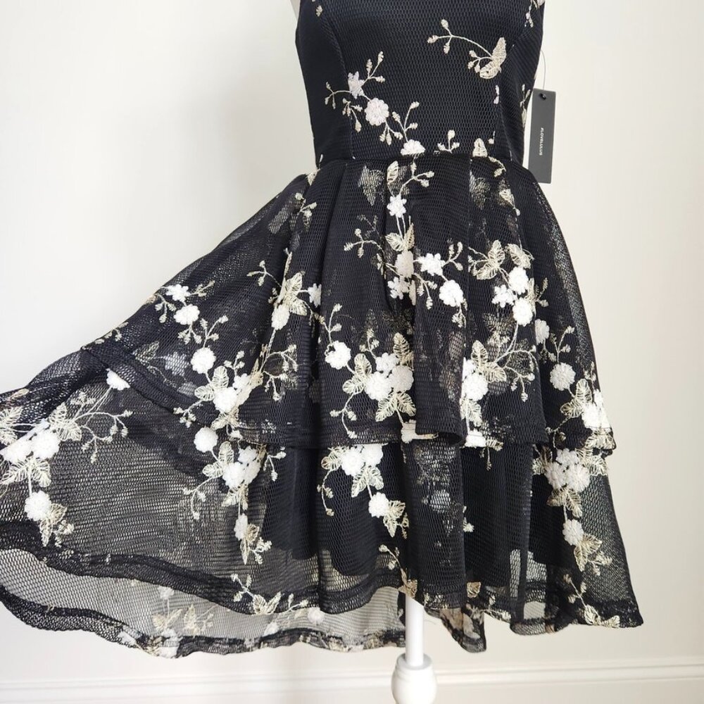 Lulus How Sweet Black Embroidered Strapless Mesh Tiered Mini Dress Small NWT - Picture 6 of 16